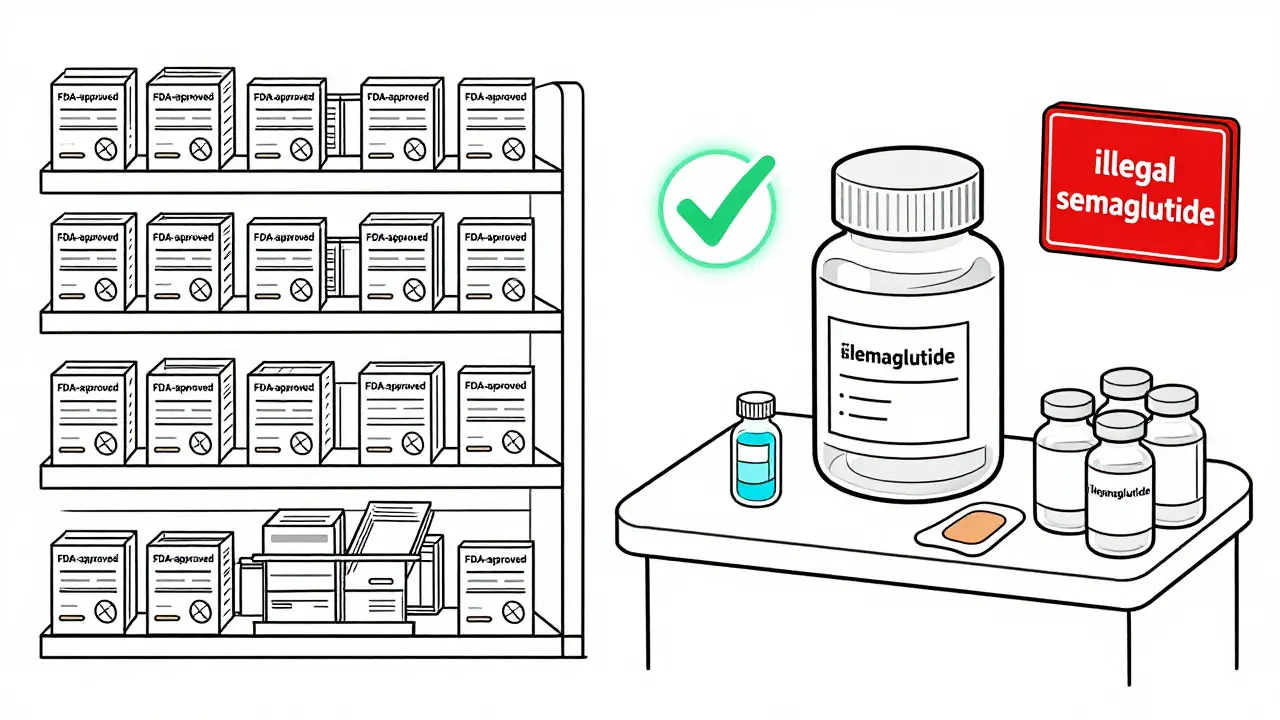 Comparison of mass-produced pills versus custom compounded medications with a warning against illegal versions.