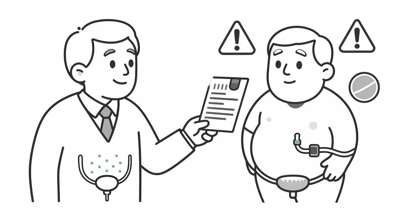 Doctor giving a prescription while split image shows safe vs. dangerous bladder outcomes in line art style.