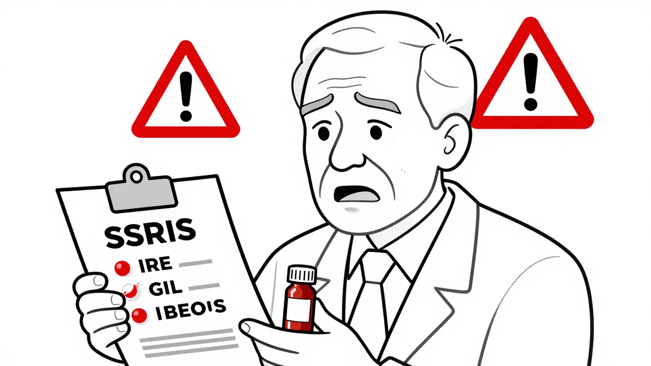 Elderly person with multiple medication bottles at risk of GI bleeding.