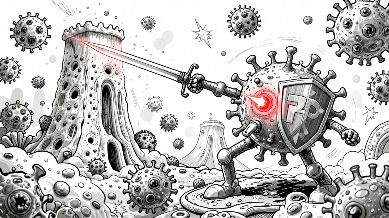 Engineered CAR-T cell attacking a tumor fortress with immune-boosting weapons.