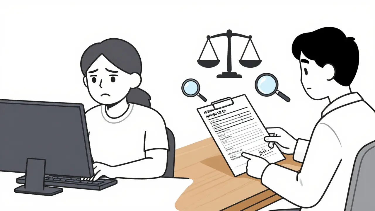 Independent reviewer examining medical records to decide on insurance appeal, with balanced scale symbolizing fairness.