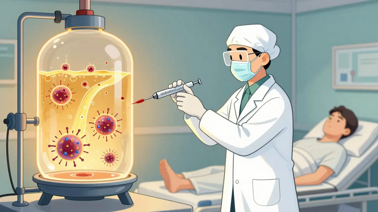 Lab process of engineering CAR-T cells in a bioreactor with patient nearby.