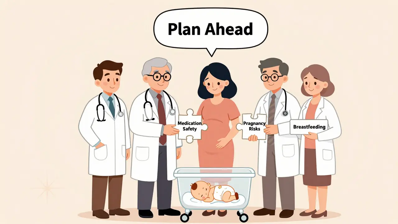 Medical team forming a circle around a pregnant woman, holding puzzle pieces representing medication safety and pregnancy care.