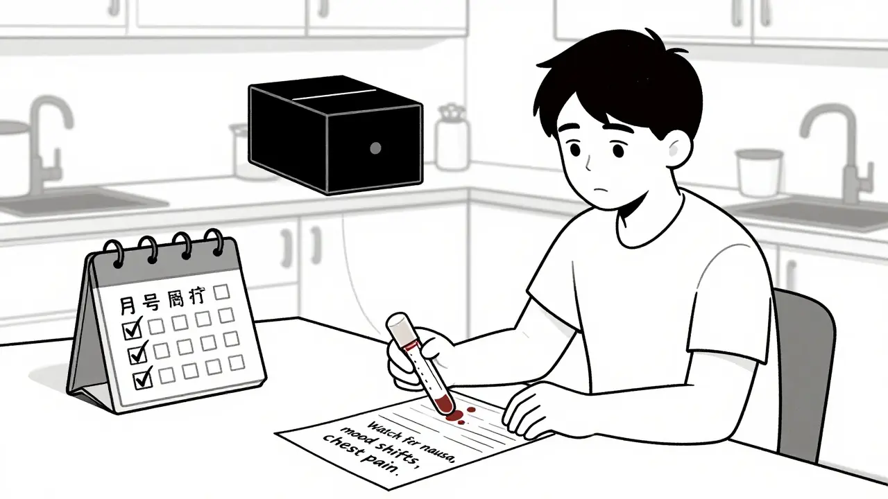 Patient at home with test results and calendar marked for monitoring, under a hovering black box warning.