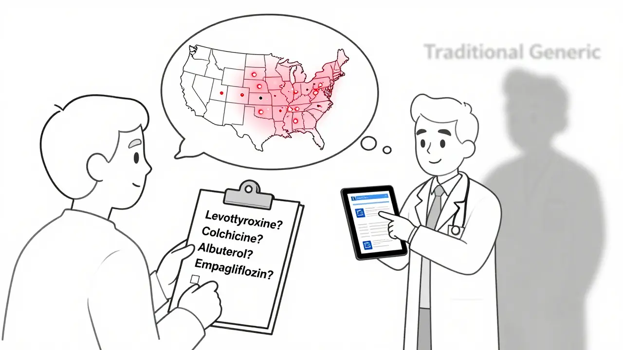 Patient checking a list of common drugs with authorized generics, thought bubble shows U.S. map with glowing generic options.