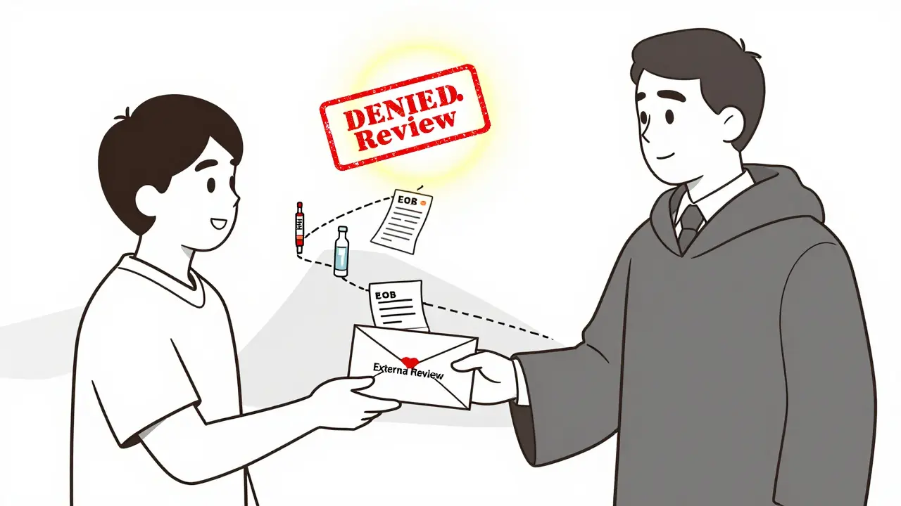 Patient submitting appeal for external review, with path from denial to approval marked by essential medications.