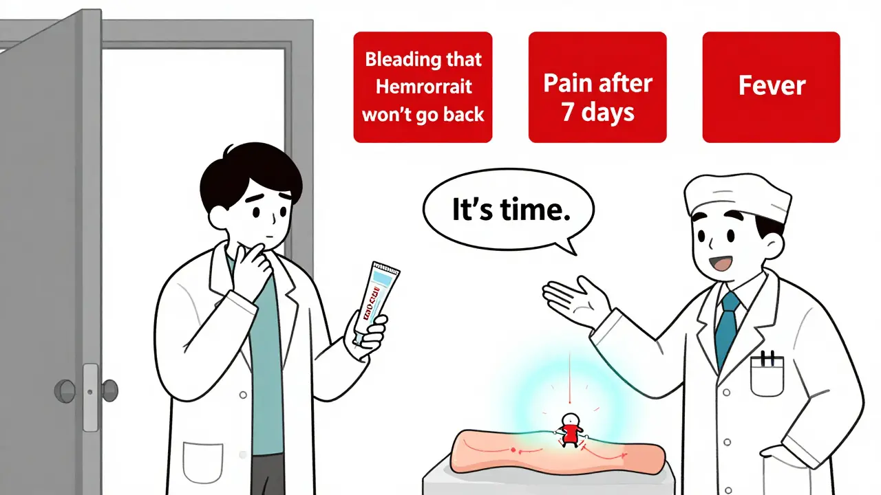 Person at doctor’s door with warning signs, being guided toward rubber band ligation procedure.