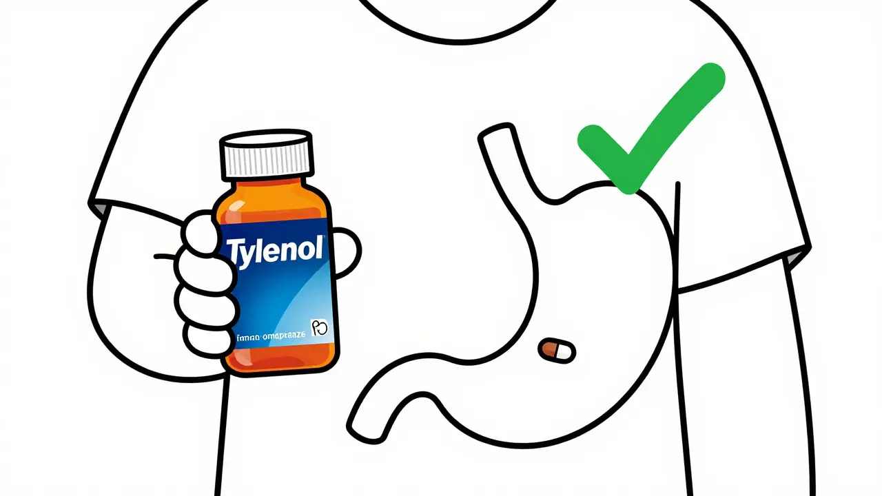 Person taking Tylenol and omeprazole for safe pain relief with SSRIs.