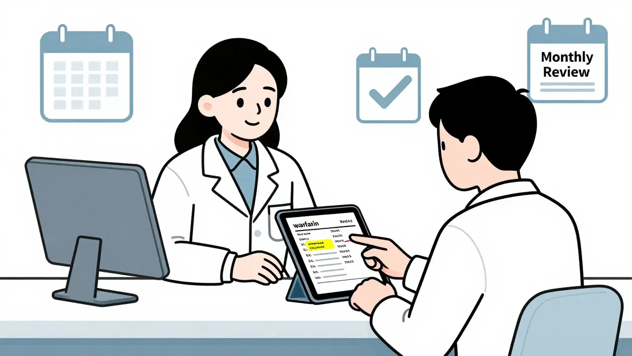 Pharmacist reviewing a medication list on a tablet, pointing out a dangerous drug interaction.