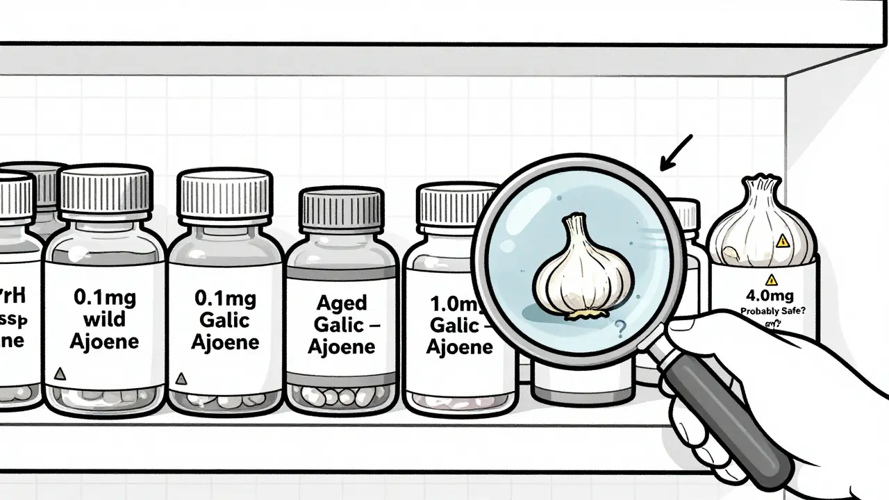 Pharmacy shelf with varied garlic supplement labels and hidden warning symbols.