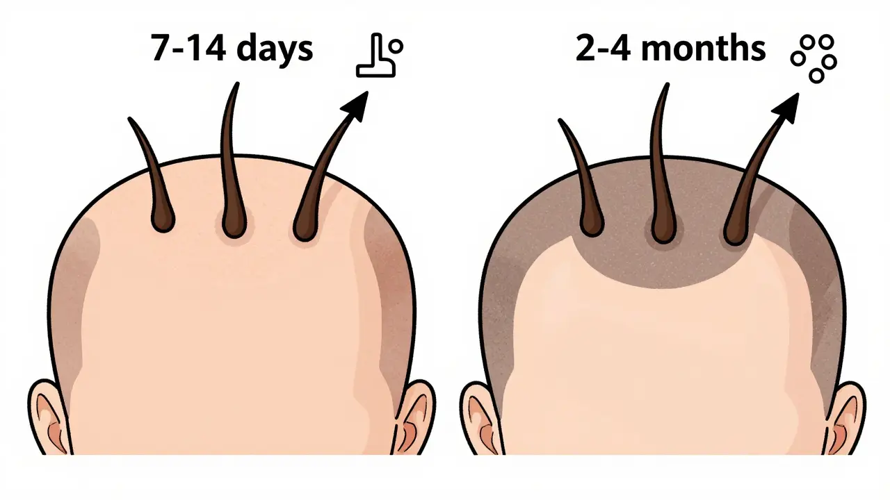 Side-by-side illustration of hair follicle phases after medication
