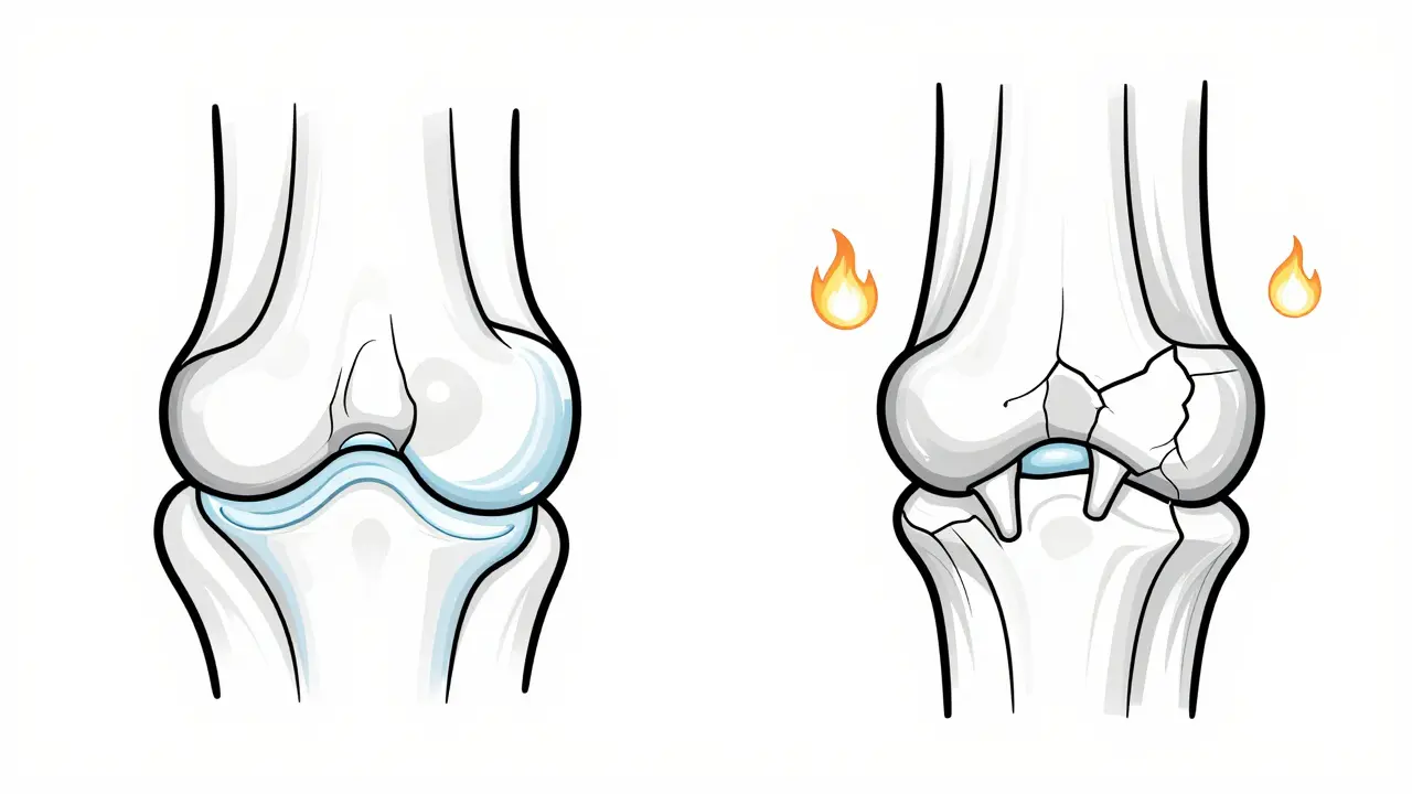 Side-by-side line art of a healthy joint versus an osteoarthritic joint showing structural damage.