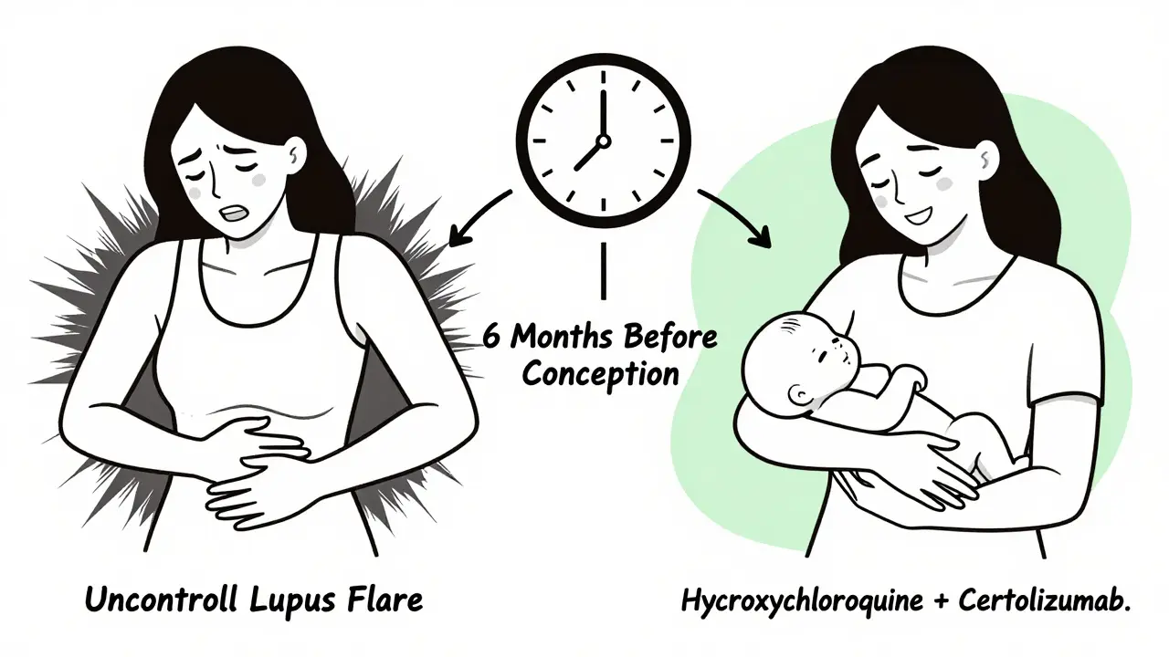 Split illustration: one side shows a woman in pain from uncontrolled lupus, the other shows her healthy with baby, connected by a timeline.