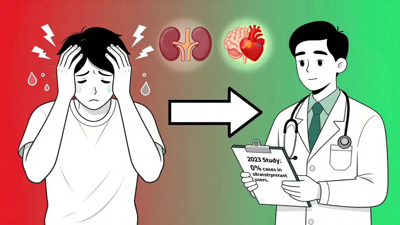 Split image: one side shows serotonin syndrome symptoms, the other shows a relaxed patient with study data proving safety.