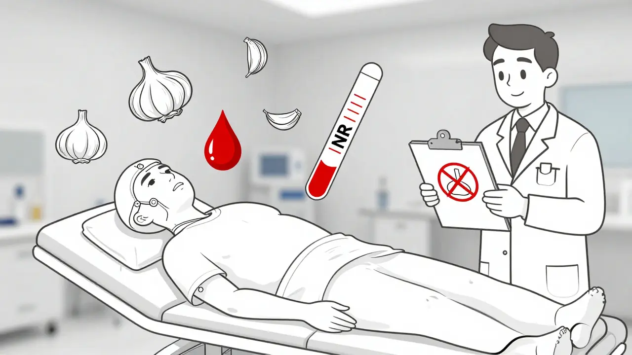 Surgical scene with garlic cloves, blood droplet, and spiked INR test strip above patient.