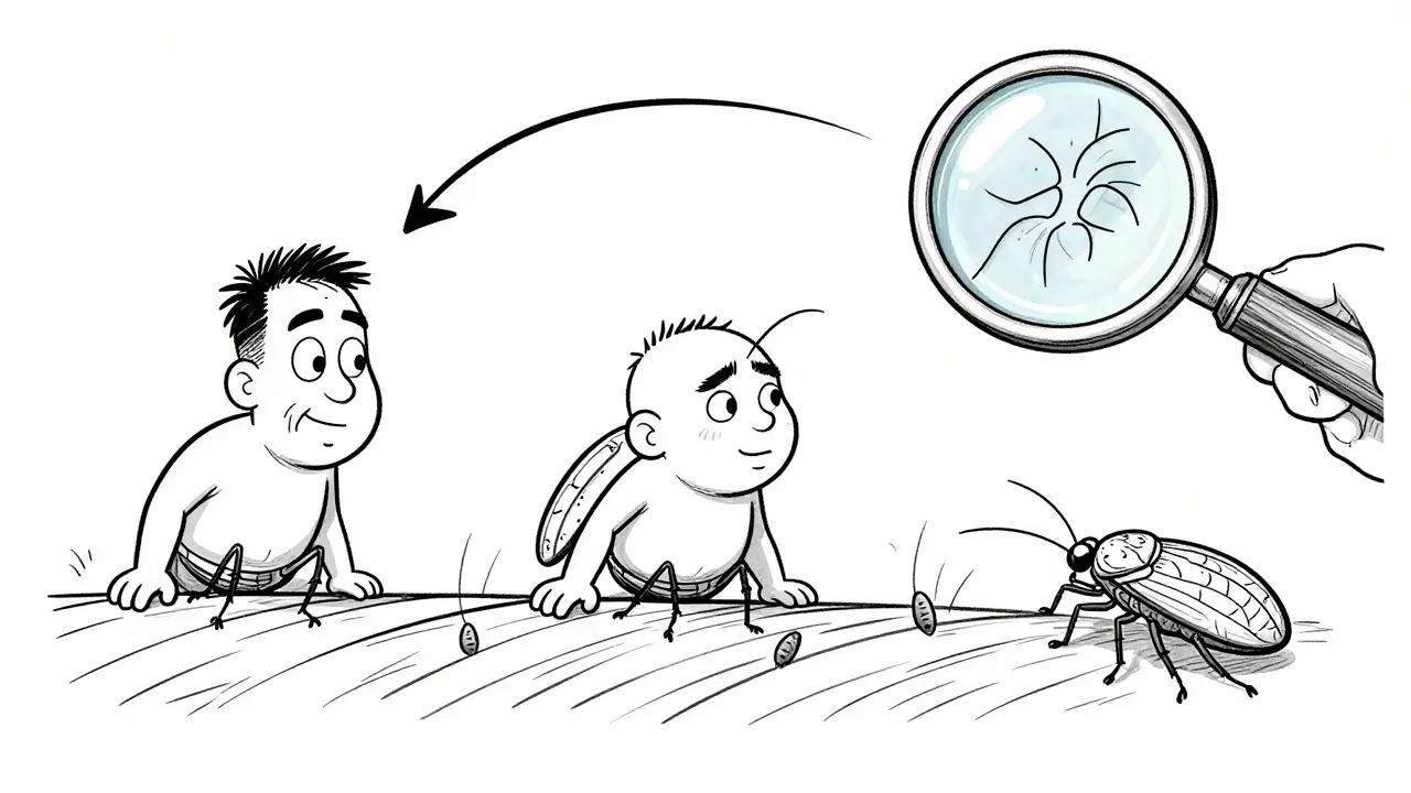 Three types of lice crawling on hair and clothing, with nits attached to hair shafts.
