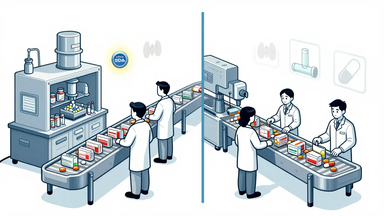 Two identical drug manufacturing lines side by side, one with branded labels, one with plain labels, same machines and workers.