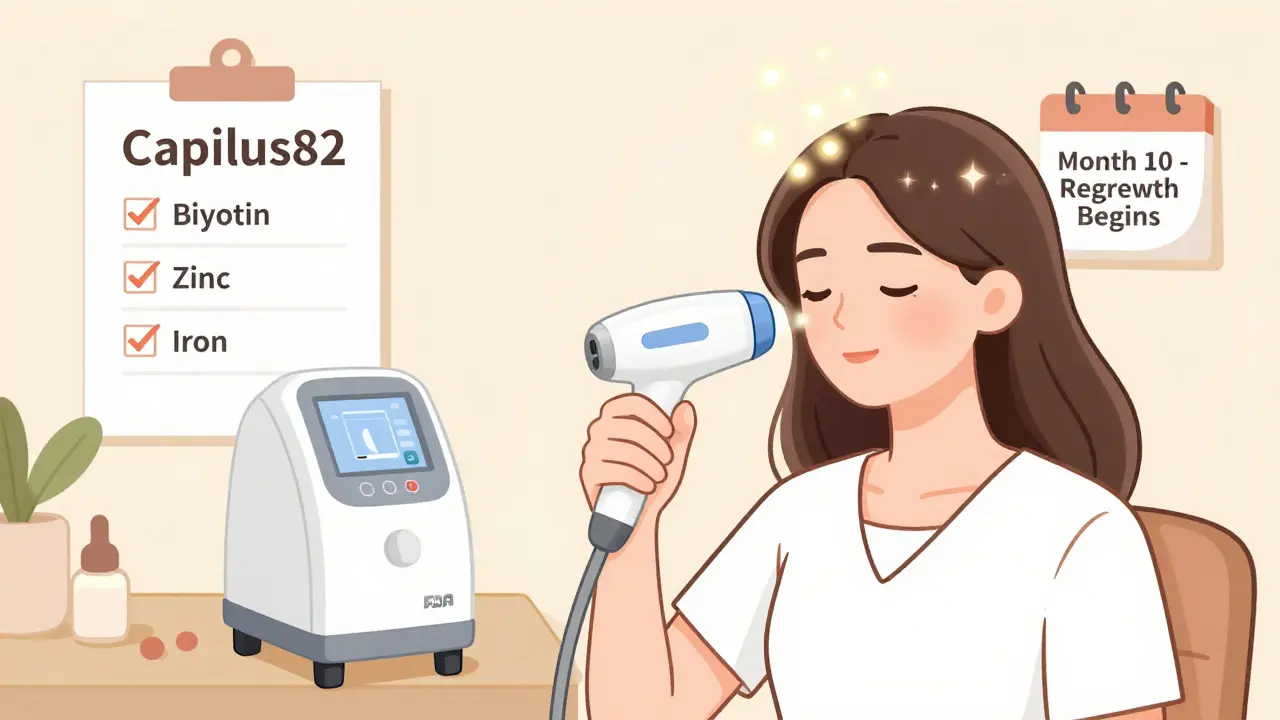 Woman using laser therapy device with nutritional supplements nearby