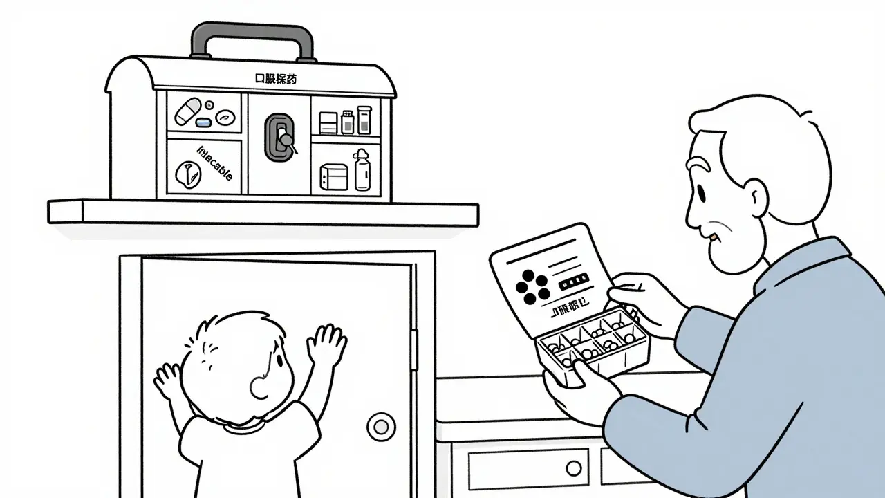A locked medicine box on a high shelf with labeled sections for different medication types, protecting children and seniors.