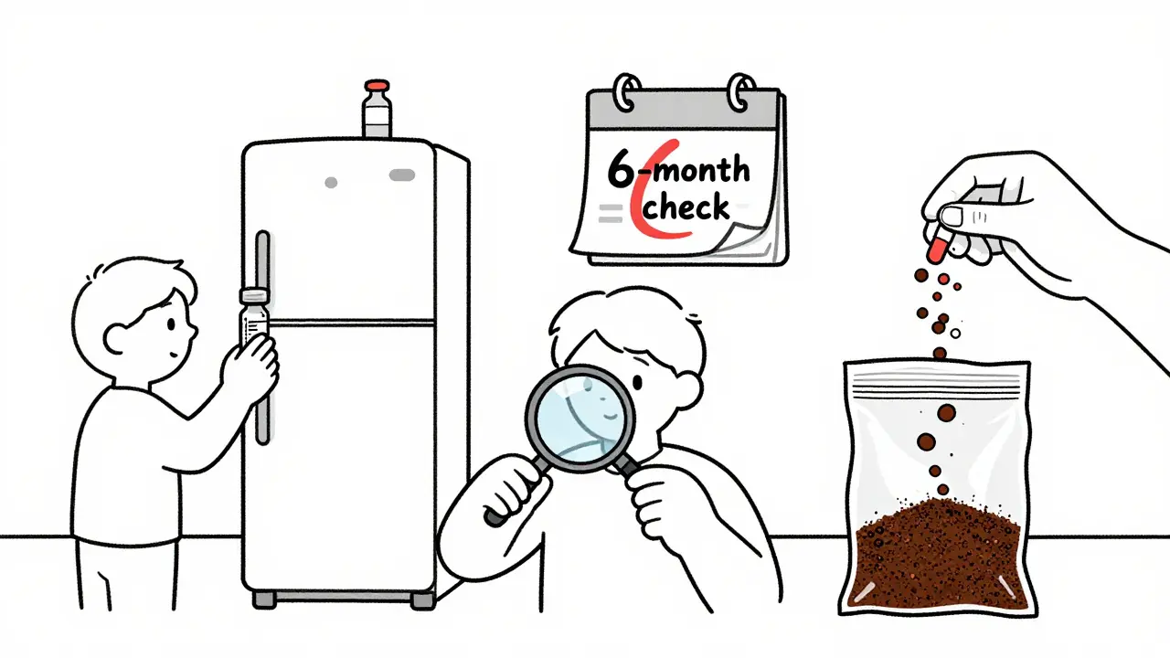 A person checking fridge temperature, inspecting expired pills, and safely disposing of meds with coffee grounds in a sealed bag.