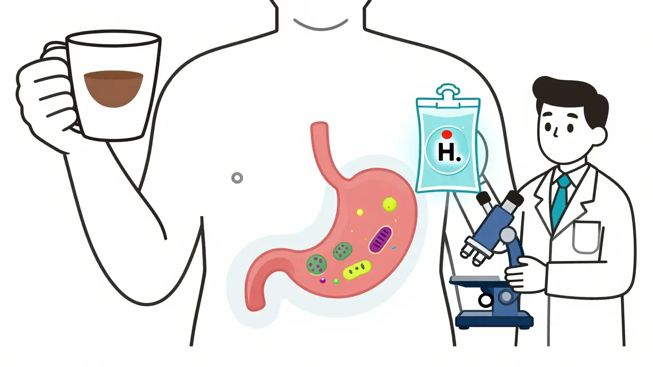 A person with stomach symptoms alongside a doctor using a breath test and microscope.