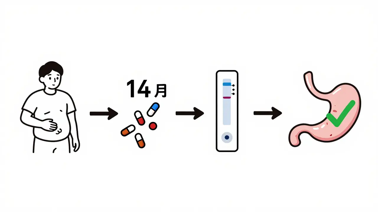 A visual timeline showing gastritis symptoms, treatment, testing, and recovery.