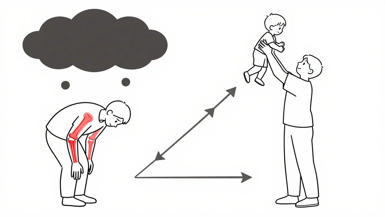 Before and after illustration of a person with rheumatoid arthritis achieving remission.