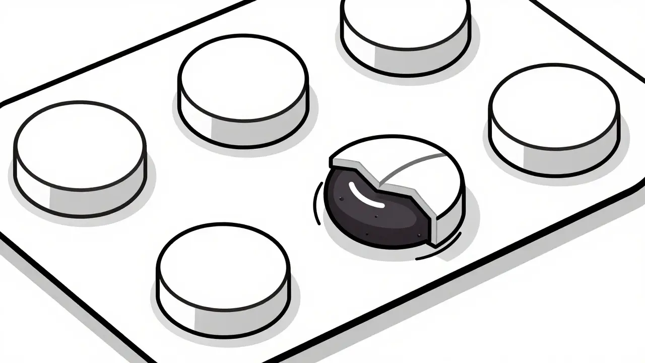 Blister pack with one pill cracked open showing toxic core.