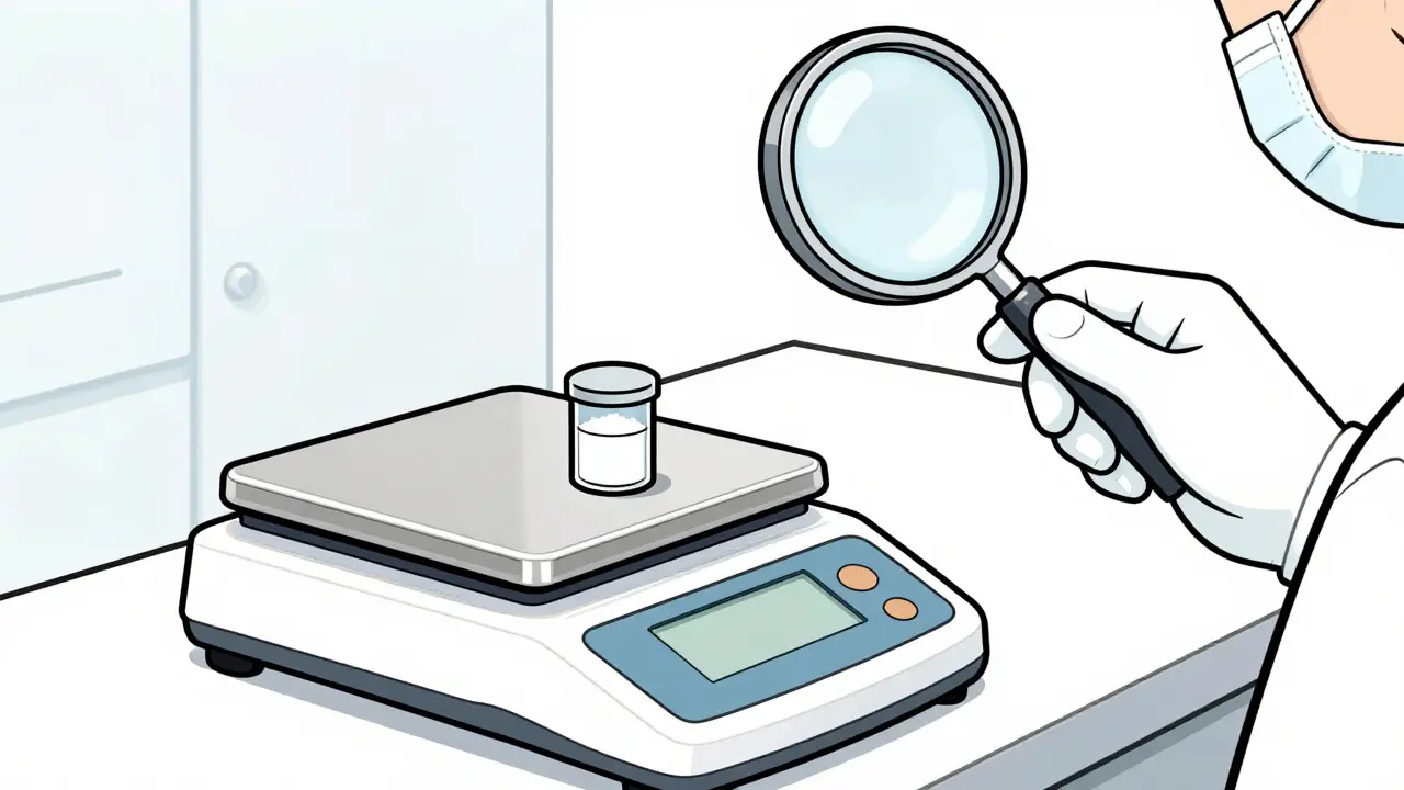 Digital scale weighing medication powder for quality control check