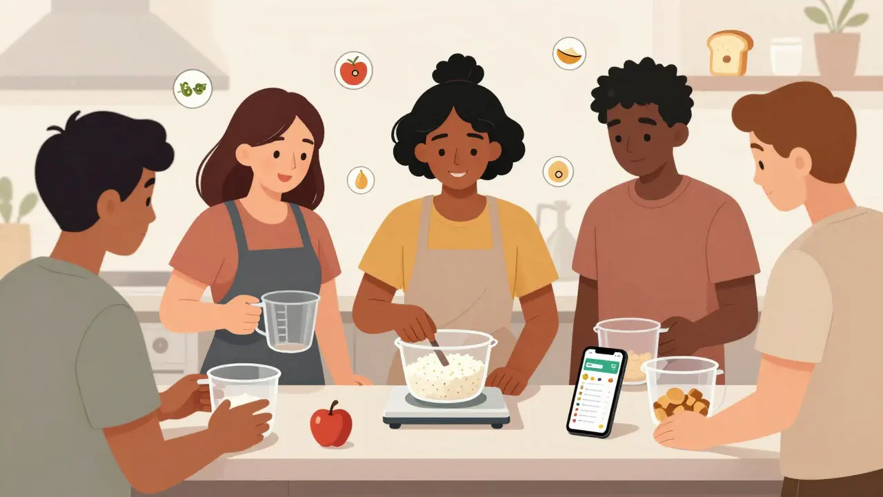 Diverse individuals measuring food portions with a scale and app to count carbohydrates.