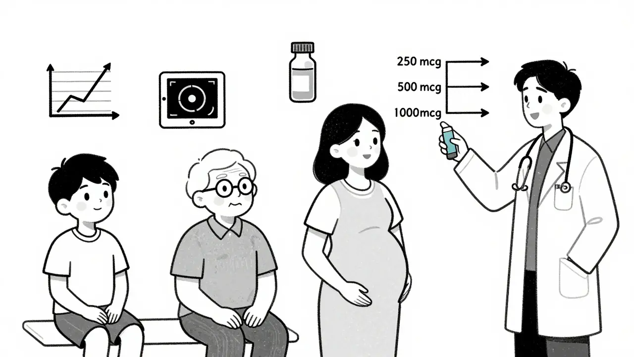 Diverse patients in clinic with personalized monitoring icons for asthma steroid safety