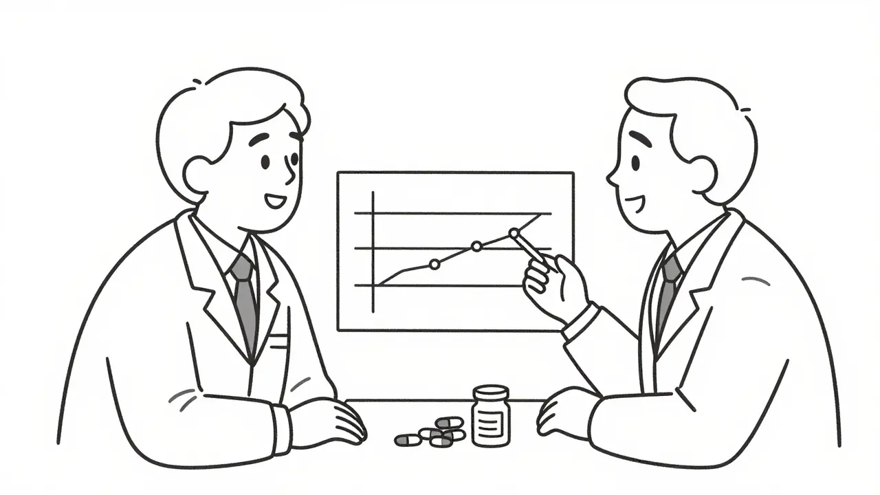 Doctor and patient discussing treatment plan with fewer medicines.