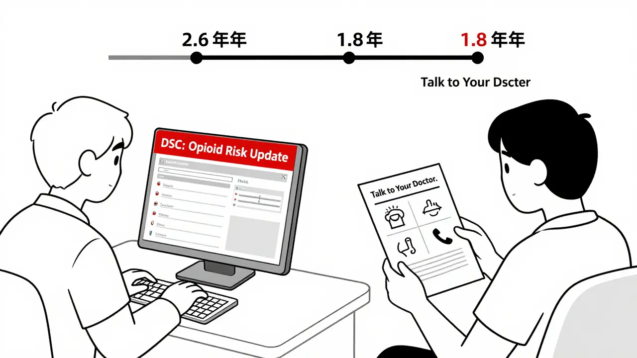 Doctor sees a DSC alert on an electronic health record while a patient reads a simplified safety flyer at home.