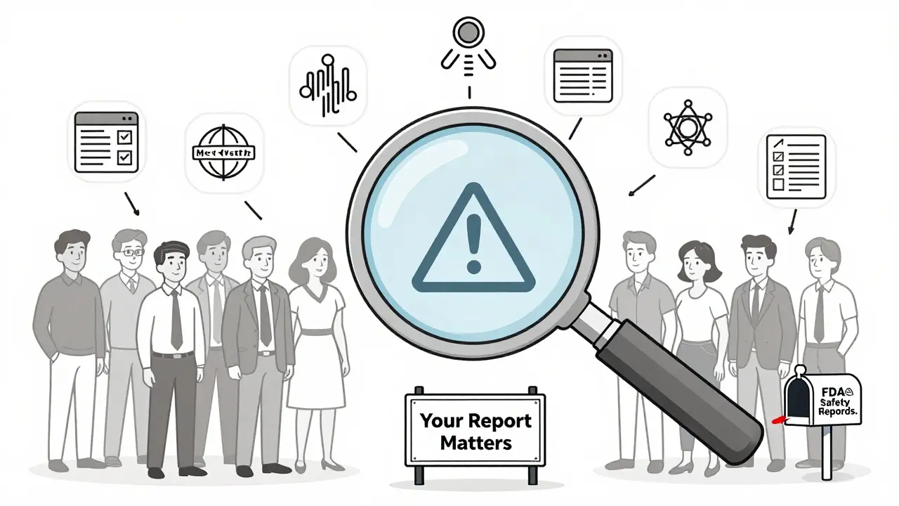 Magnifying glass analyzes health data streams converging into an FDA safety alert with a 'Your Report Matters' sign.