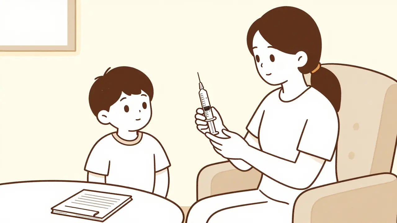 Parent administering oral syrup to child with syringe at home