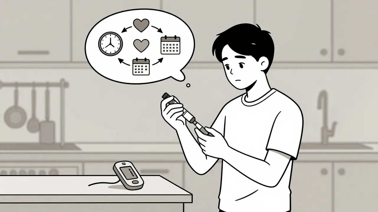 Patient practicing insulin use in a kitchen, thought bubble showing connection between timing, body rhythm, and health outcomes.