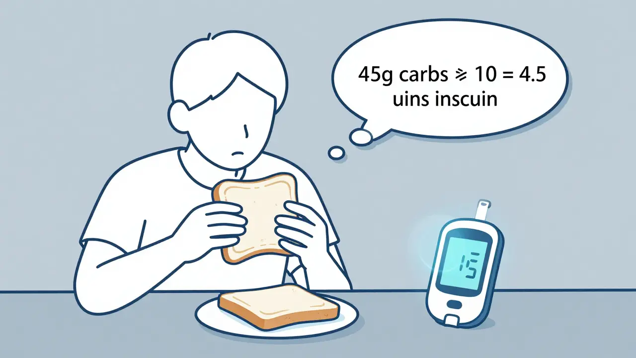 Person checking blood sugar with a thought bubble showing insulin-to-carb math and a CGM device nearby.