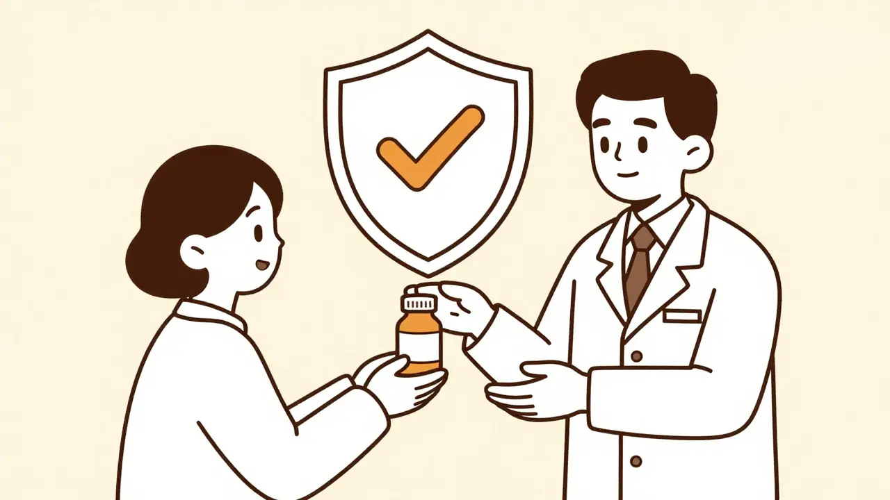 Pharmacist handing medicine bottle to patient with shield icon.