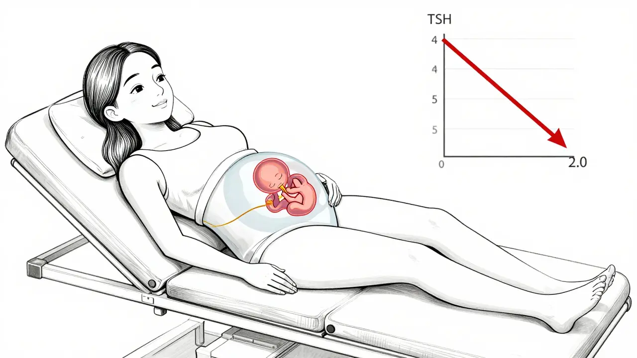 Pregnant woman with transparent embryo receiving thyroid hormone, TSH levels dropping on a graph.