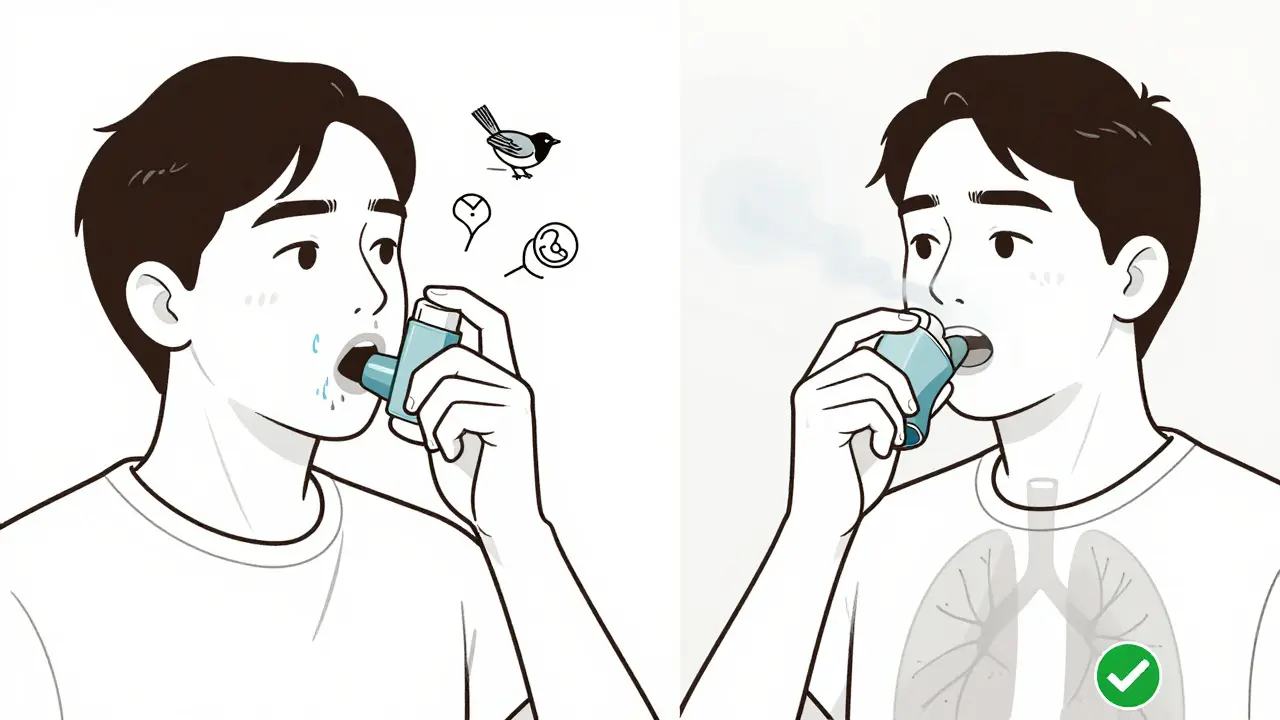 Side-by-side comparison of incorrect vs correct inhaler use with side effects shown