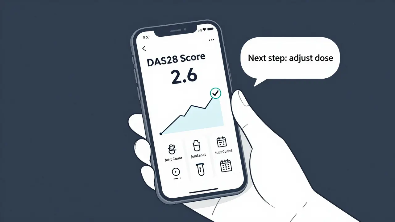 Smartphone app showing DAS28 score improving to remission level with treatment steps.