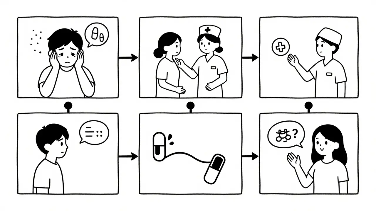 Three-panel timeline showing a patient’s journey from confusion to confident self-management over three months of care.