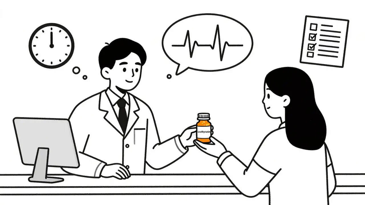 Woman receiving levothyroxine pill at clinic, thought bubbles show conception, heartbeat, and checklist.
