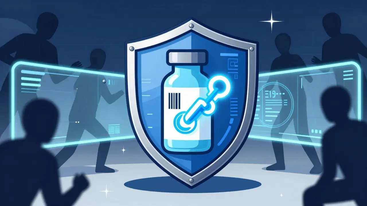 A digital shield with a barcode protecting a medicine bottle from shadowy figures.