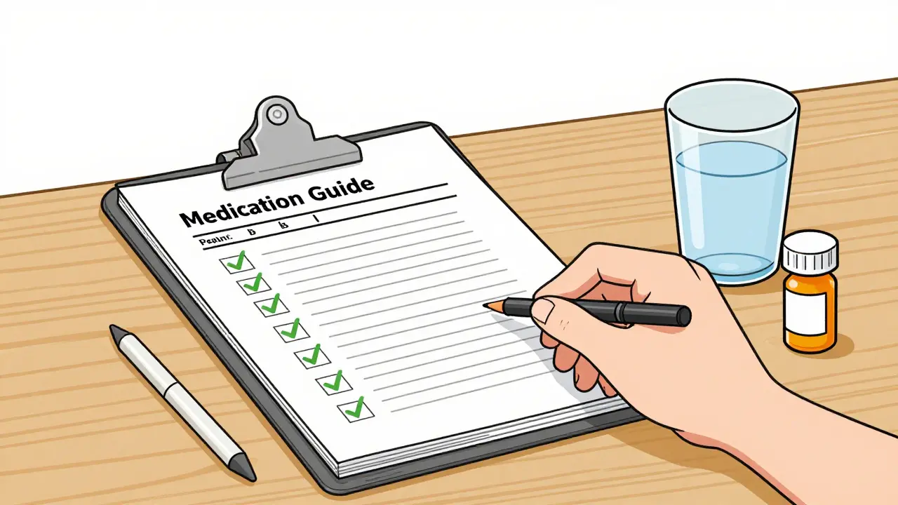 An organized folder with medication guides and a safety checklist on a desk