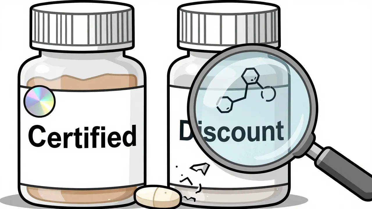 Comparison of a legitimate medication bottle and a counterfeit one with a magnifying glass.