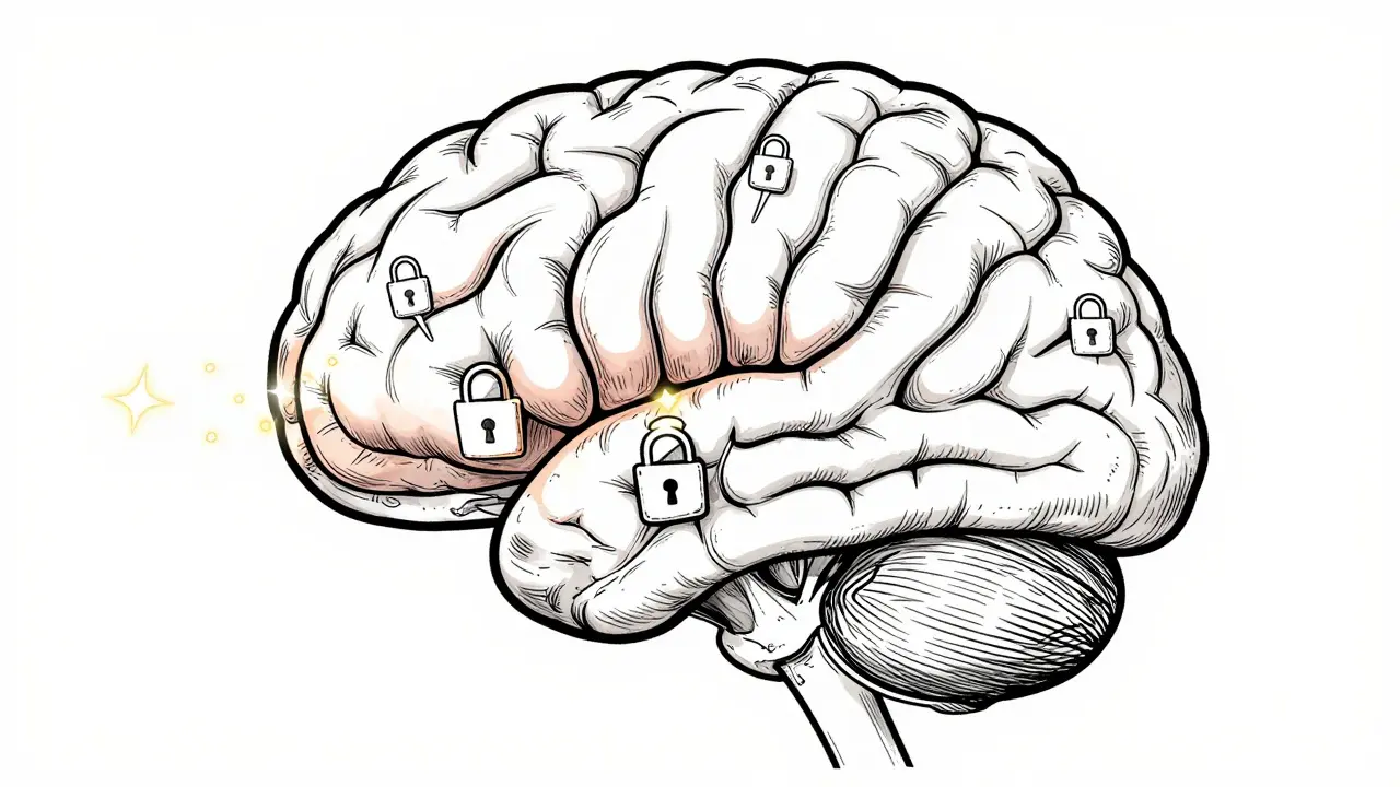 Conceptual line art of a brain with locks on receptors representing blocked acetylcholine.