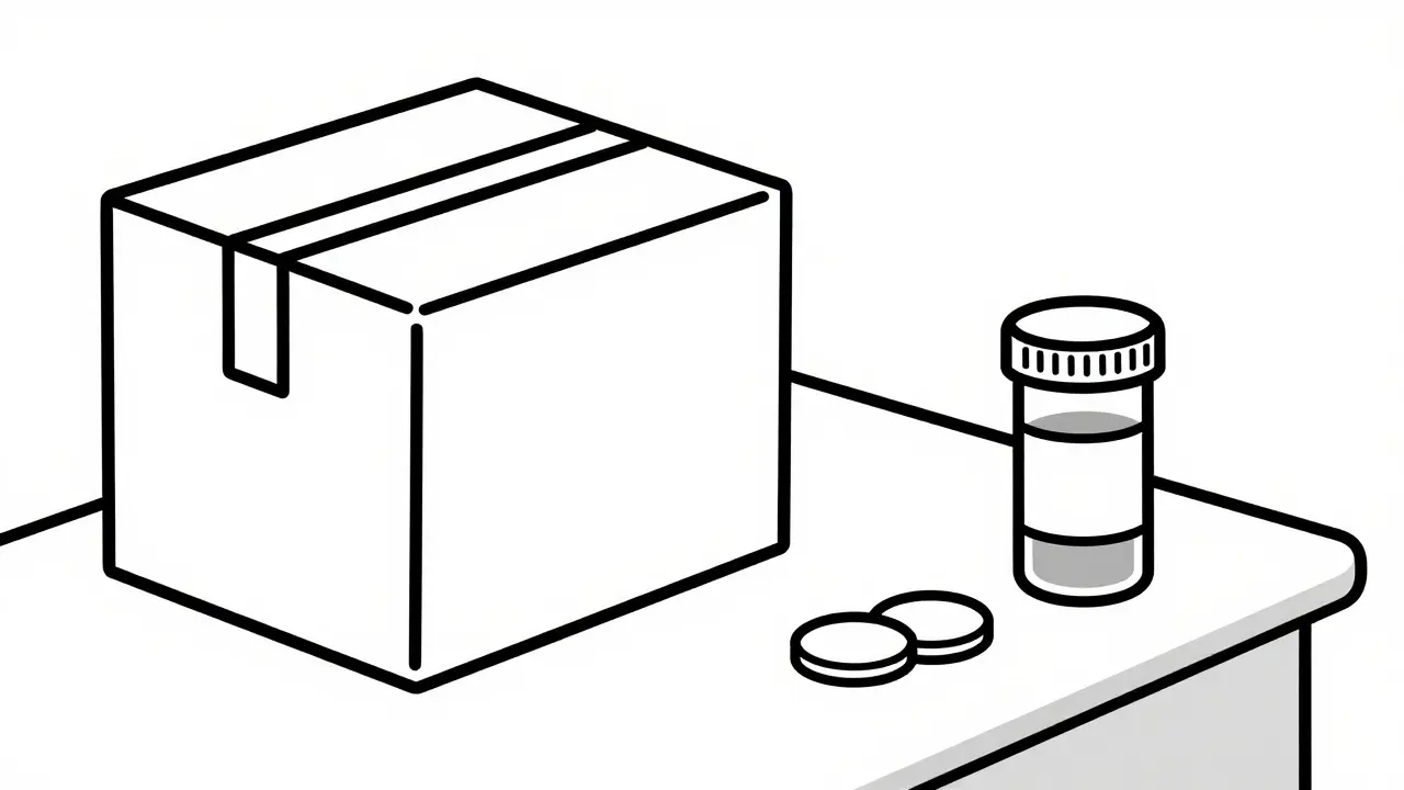 Delivery box versus pill bottle and coins on counter