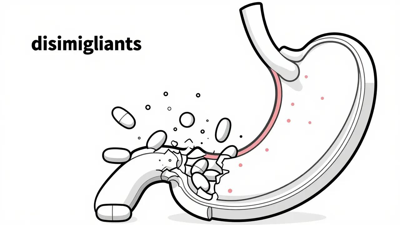 Illustration of a pill breaking apart in the stomach due to disintegrant ingredients.