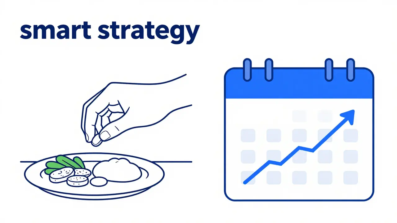 Illustration showing the correct timing of medication with a meal and a titration schedule.
